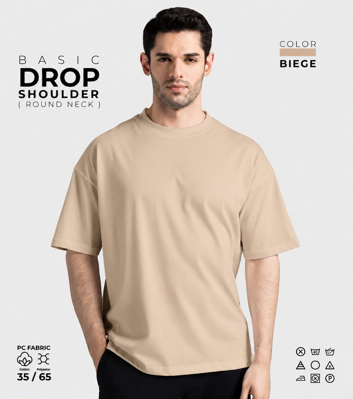 Basic Drop Shoulder Round Neck T-Shirt – Beige