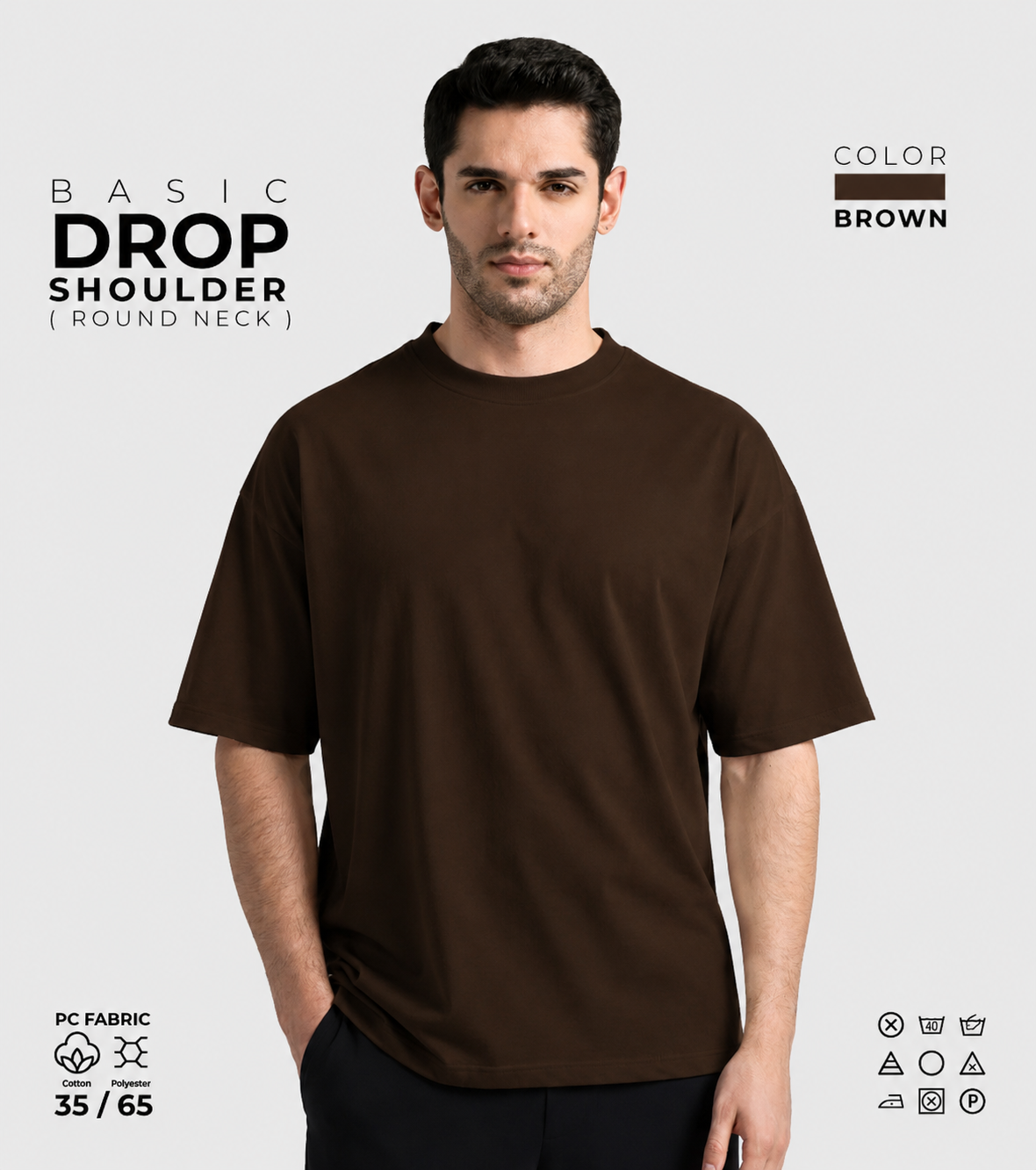 Basic Drop Shoulder Round Neck T-Shirt – Brown